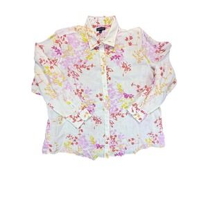 Lands End Womens 3X Linen Floral Button Up Shirt Pink Yellow White Long Sleeve